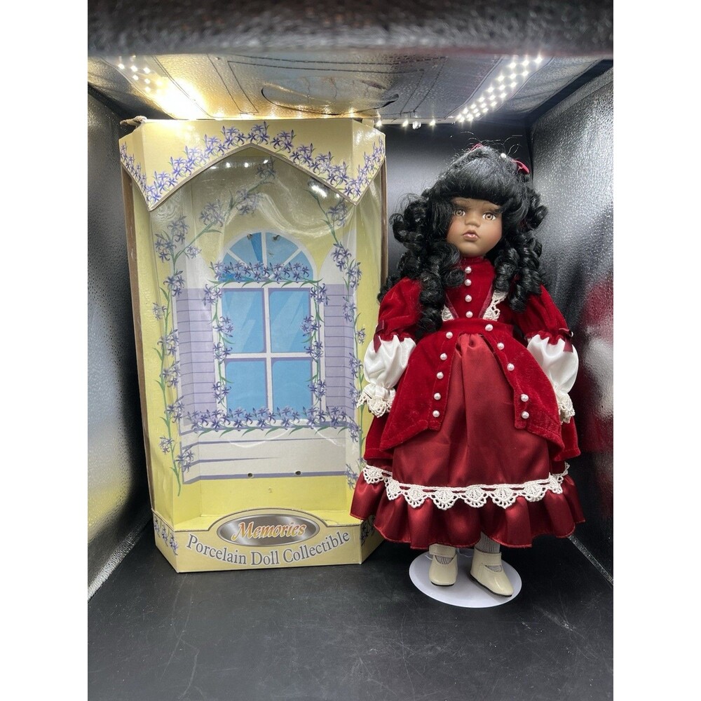 VTG Memories African American Porcelain Doll 17” Victorian Burgundy Dress w/ Box